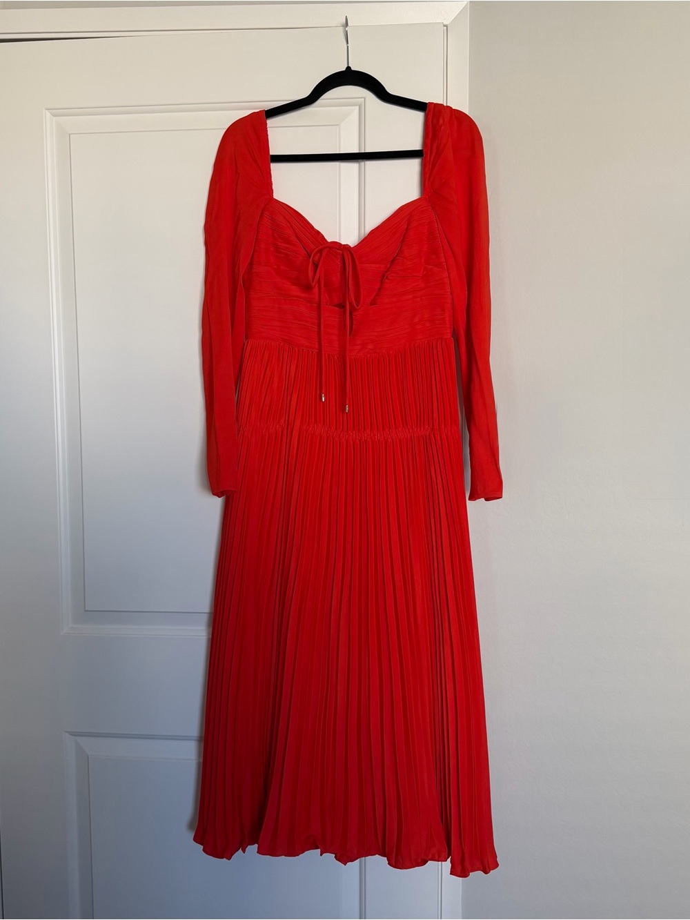 Self-Portrait Red Long-Sleeve Pleated Midi Dress